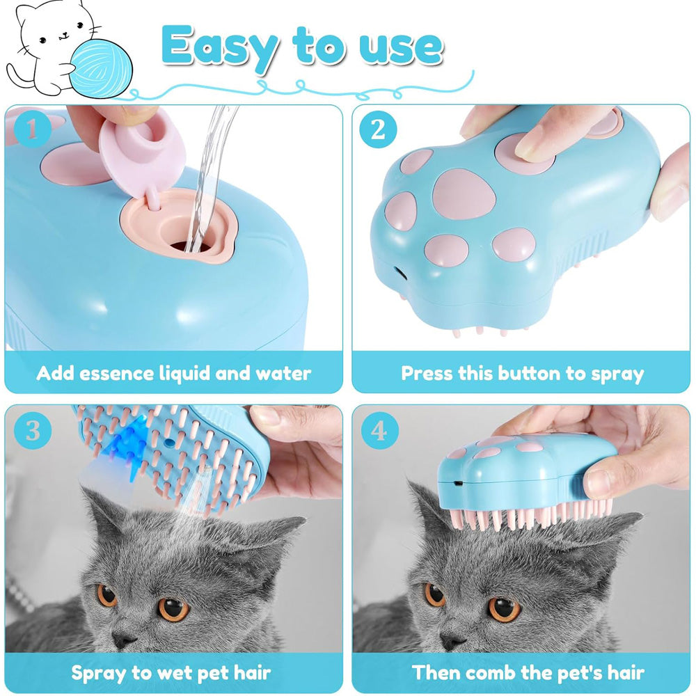 Rechargeable Steam Cat Brush, Cute Paw Shape Pet Steamer Grooming Brush with Soft Silicone Teeth for Dog Cat Massage, Shedding & Hair Removal