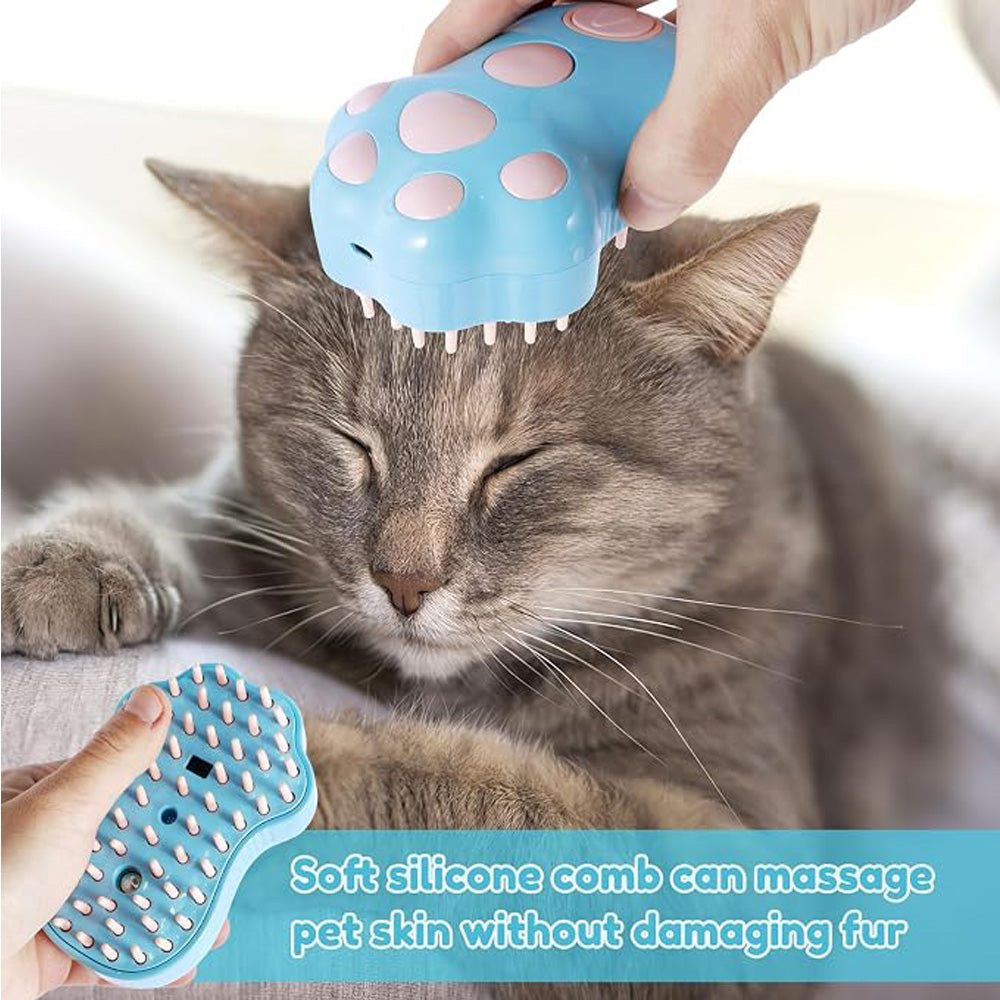 Rechargeable Steam Cat Brush, Cute Paw Shape Pet Steamer Grooming Brush with Soft Silicone Teeth for Dog Cat Massage, Shedding & Hair Removal